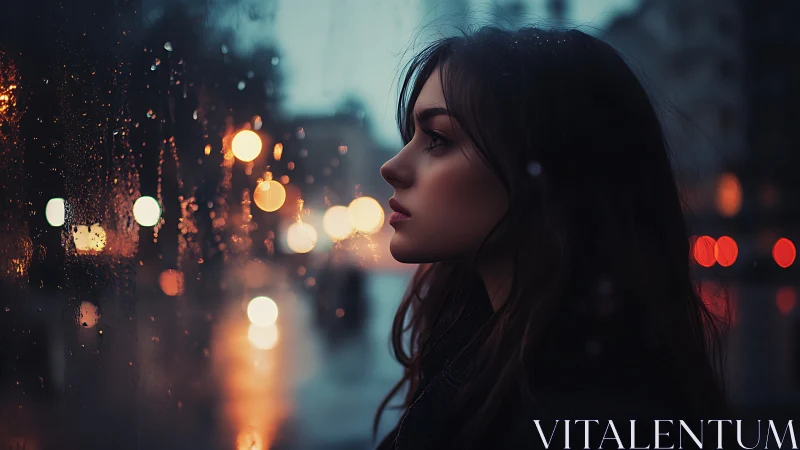 Rainlit city wistfulness with a window-side midnight dreamer.