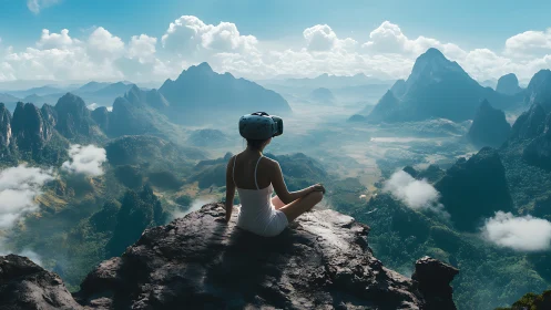 Woman in VR headset observes expansive mountainous valley from cliff