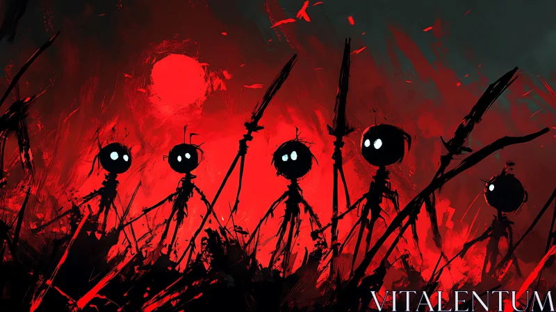 Strange little warriors glow under a fierce red battlefield sky