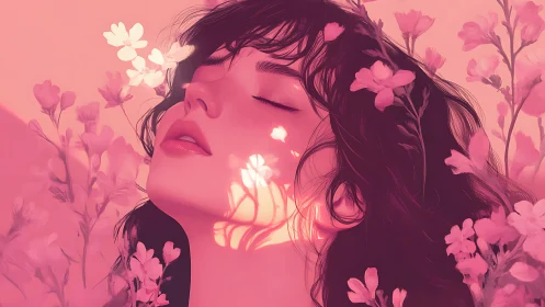Dreamy pink portrait with floral light reflections.