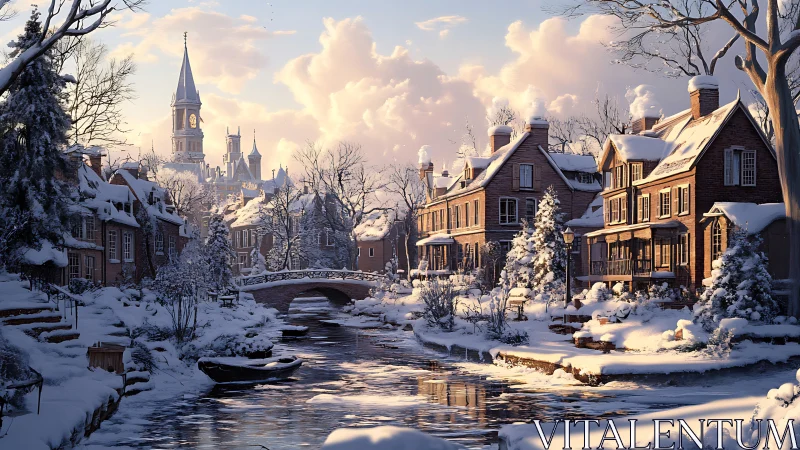 Snow covered village canal and church rendered in winter light