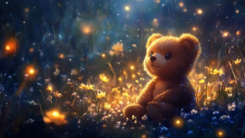 Firefly-kissed teddy bear dreaming in a glowing night meadow.