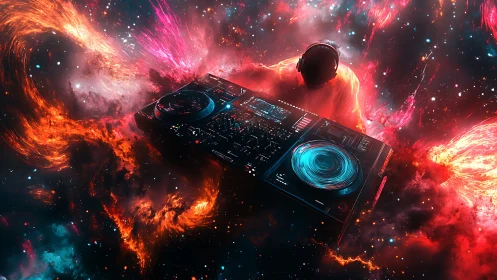 Cosmic DJ mixes neon galaxies with glowing turntables.