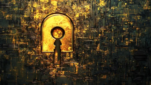 Golden keyhole portal embedded in abstract circuit wall.