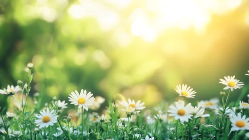 Gentle morning sunlight over a meadow of smiling daisies.