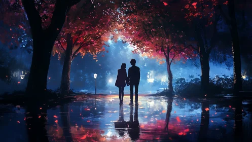 Neon-lit Park Convergence: Chromatic Silhouettes Under Autumn Canopy.