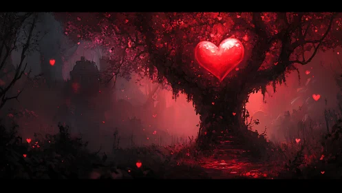 Luminous Heart Tree in Gothic Fantasy Landscape
