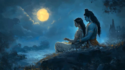 Two blue-toned figures sit by a moonlit river landscape