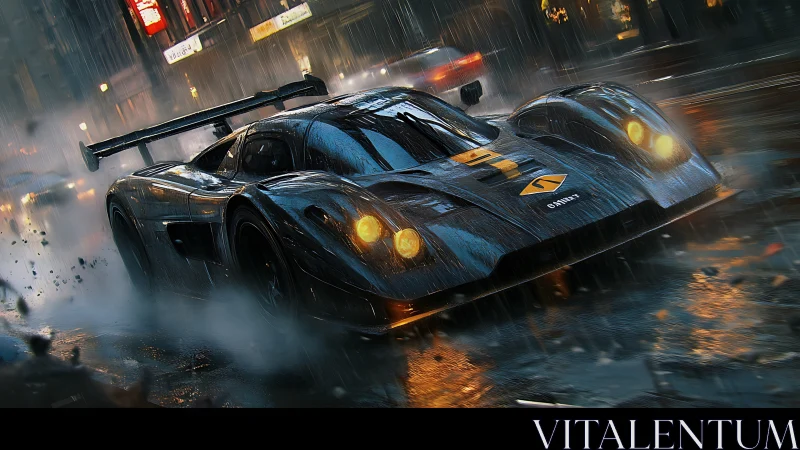 Sleek race car cuts through neon rain on a wet city street