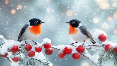 Photorealistic winter birds on snow-laden berry branches composition.