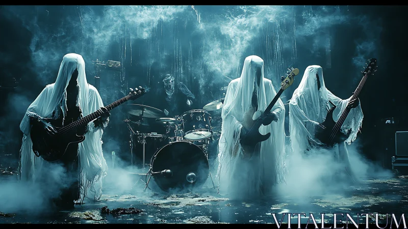 Ghostly rock band performs on smoke filled spectral stage
