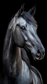 Midnight black stallion in dramatic studio portrait.