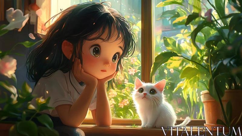 Dreamy girl and white kitten share a sunny windowsill moment