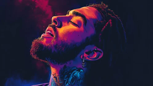 Neon portrait captures euphoric expression in vibrant light.