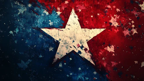 Distressed five point star over red blue textured field.