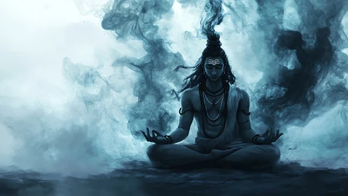 Meditating deity amid swirling blue ethereal smoke.