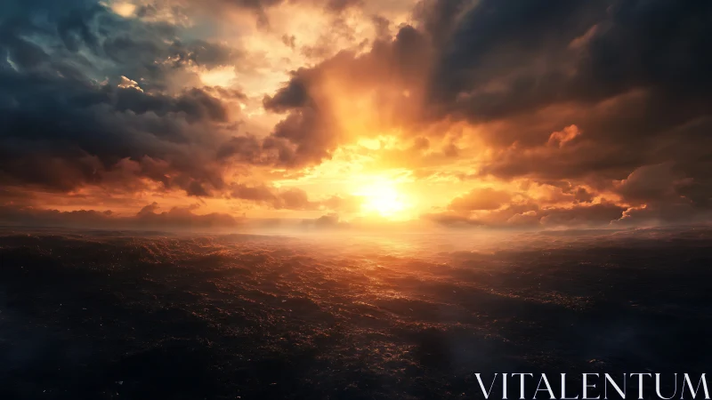 Storm-lit ocean horizon under cinematic blazing sunset sky.