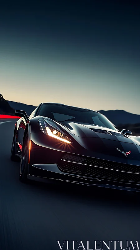 Midnight black sports coupe slices through dusk highway.