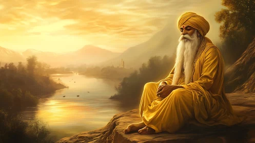 Elderly sage contemplates golden river under luminous sunset