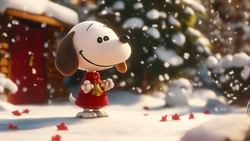 Cartoon beagle holding bell in softly lit snowy courtyard