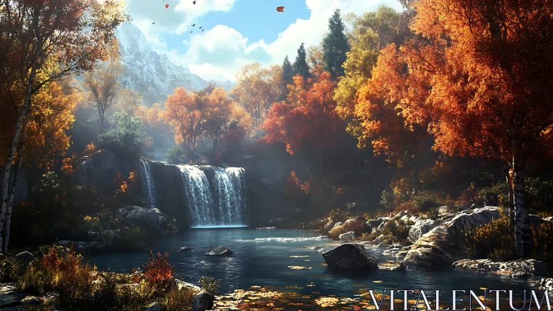 Golden forest waterfall refuge in crisp autumn light.