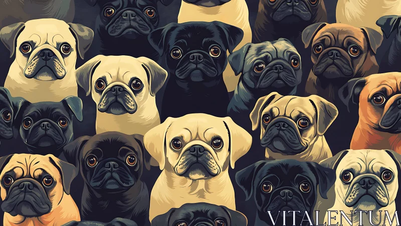 Pattern of cartoon pug faces in mixed coat colors.