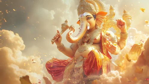 Radiant elephant deity strolls through a storm of sunlight
