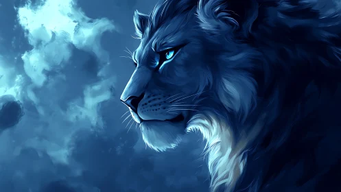 Moonlit cobalt lion profile with glowing icy eyes.