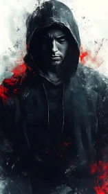 Brooding hooded figure in dark cloak with red splashes.