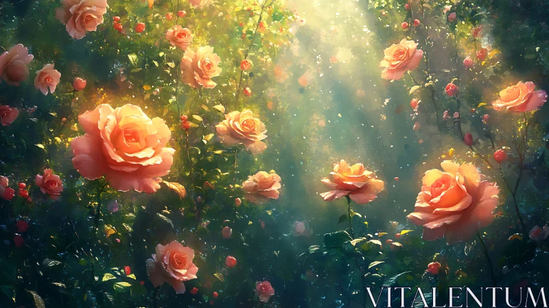 Sunlit peach roses float in dense, softly lit garden air