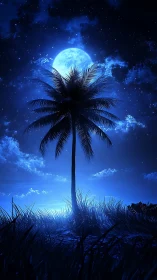 Palm tree silhouette stands against large blue full moon