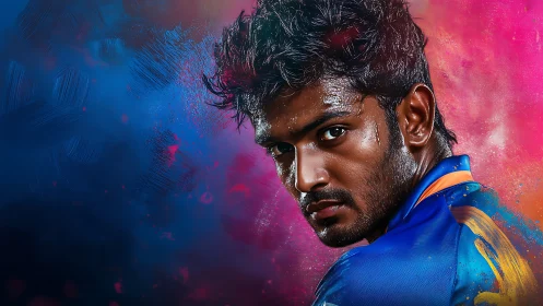 Hyperreal athletic portrait with dual-tone neon paint clouds