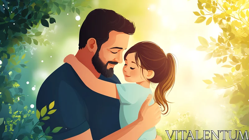 Luminous Intimate Portrait: Bearded Male Figure Embracing Female Subject Against Foliage Backdrop.