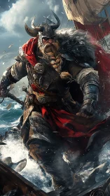 Viking warrior charges forward on stormy open sea.