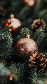 Glittering copper ornament rests among pine needles and cones