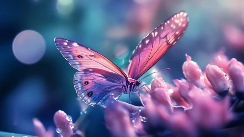 Shallow-depth macro renders iridescent butterfly on pastel blossoms