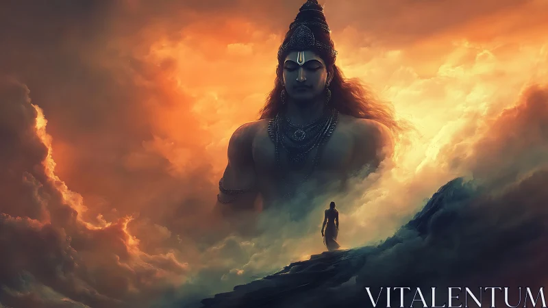 Colossal deity figure above lone figure in glowing clouds.