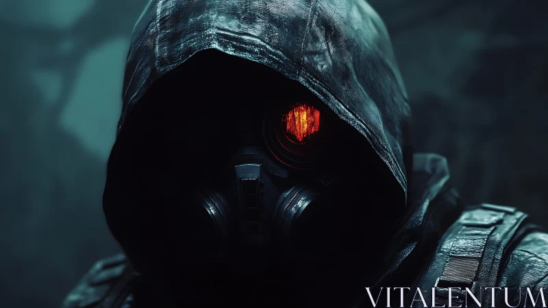 Hooded gas mask figure with glowing red eye in shadow.