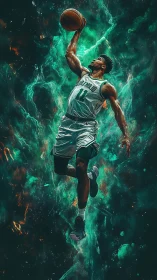 Dynamic basketball dunker explodes through teal cosmic energy