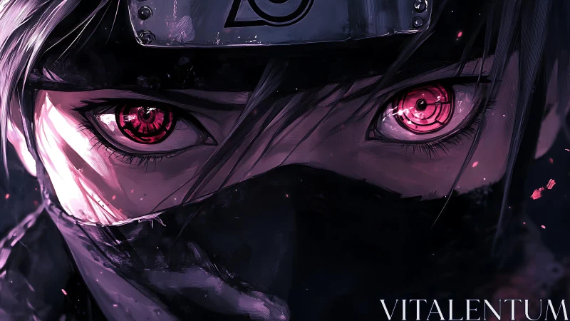 Intense masked anime warrior with glowing crimson eyes.