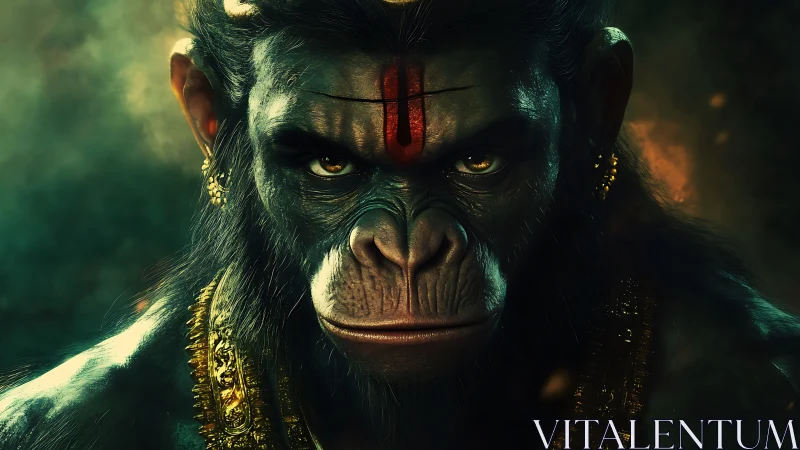 Mythic warrior ape stares forward under dramatic lighting