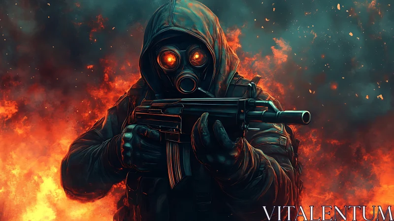 Hooded gas‑mask soldier with rifle amid apocalyptic flames.