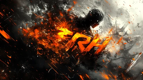 Explosive fiery silhouette emerges from swirling chaos.