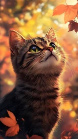 Autumn Feline Portrait: Digital Rendering with Warm Seasonal Palette.