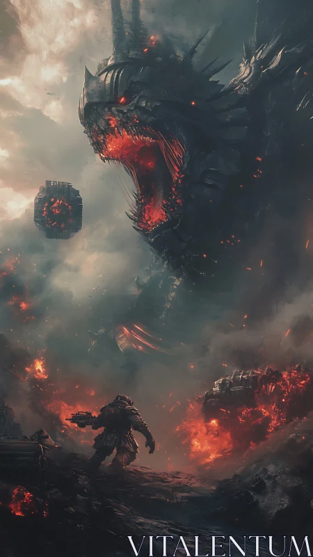 Lone warrior meets a colossal fire-forged dragon titan.