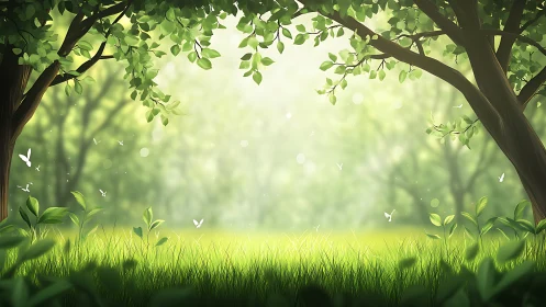 Sunlit Forest Clearing with Lush Grass in Soft Digital Art Style.