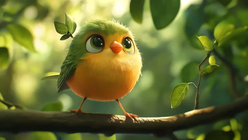 Adorable Cartoon Bird with Leaf Hat in Lush Forest Setting.