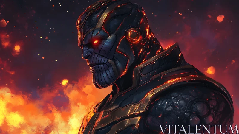 Armored cosmic warlord with molten lava armor profile.