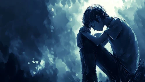 Sad blue toned boy sitting alone in a quiet corner.