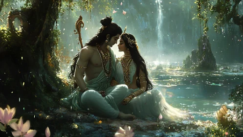 Mythic couple sits by illuminated forest pool at dusk